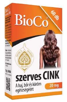 BioCo szerves CINK A BioCo szerves CINK kizárólag szerves kötésű citrát formában tartalmazza a haj, bőr és köröm normál állapotának fenntartásához szükséges cinket magas, 20 mg-os