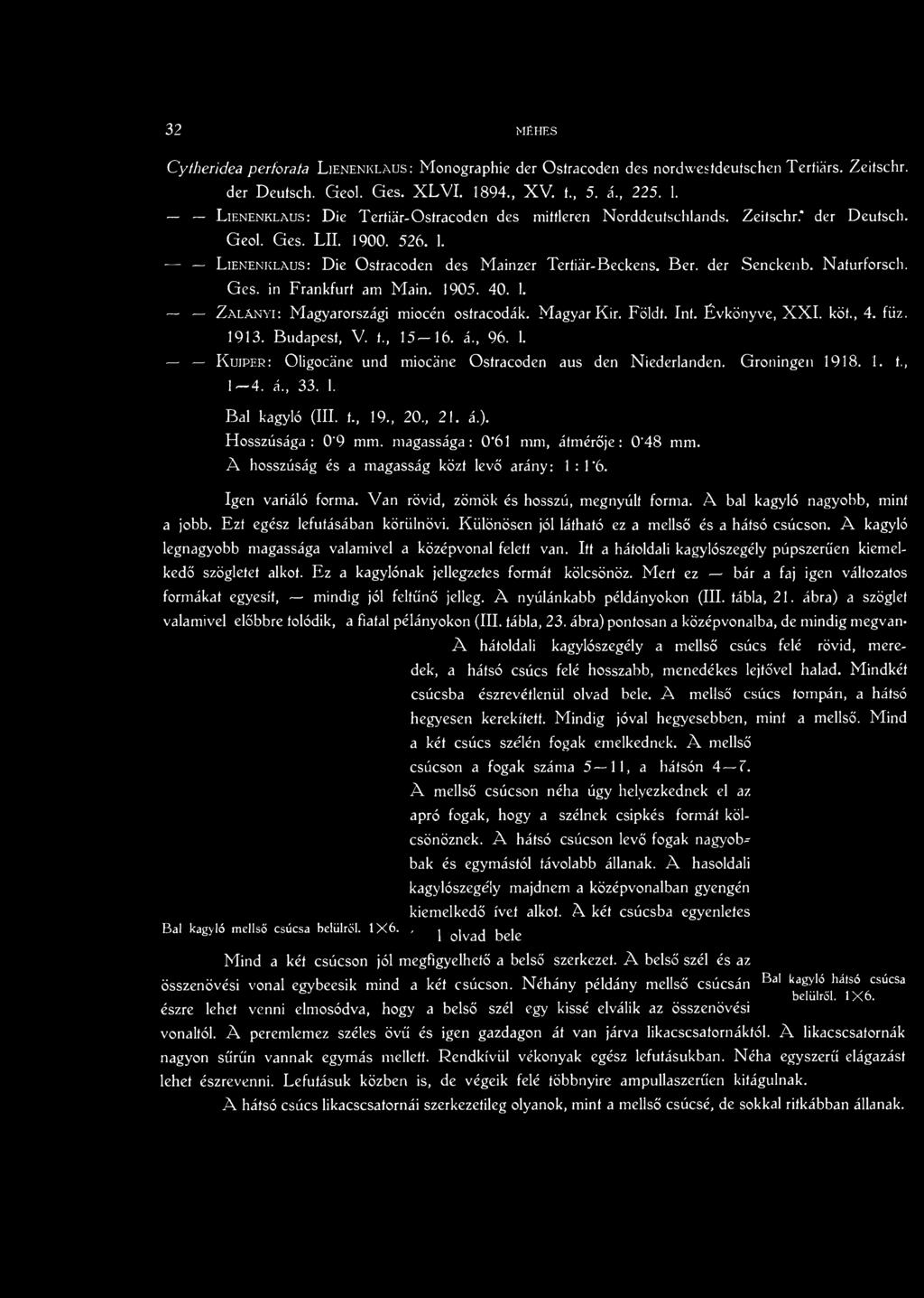 Ber. der Senckenb. Naturforsch. Ges. in Frankfurt am Main. 1905. 40. 1. Z alányi: Magyarországi miocén ostracodák. Magyar Kir. Földt. Int. Évkönyve, X X I. köt., 4. fiiz. 1913. Budapest, V. í., 15 16.