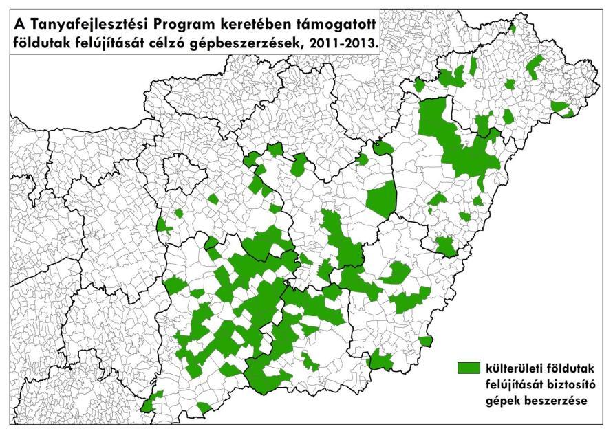 A legnépszerűbb pályázati cél az önkormányzatoknál a földutak felújítását célzó gépbeszerzések, melynek területi eloszlása a 4. ábrán látható.