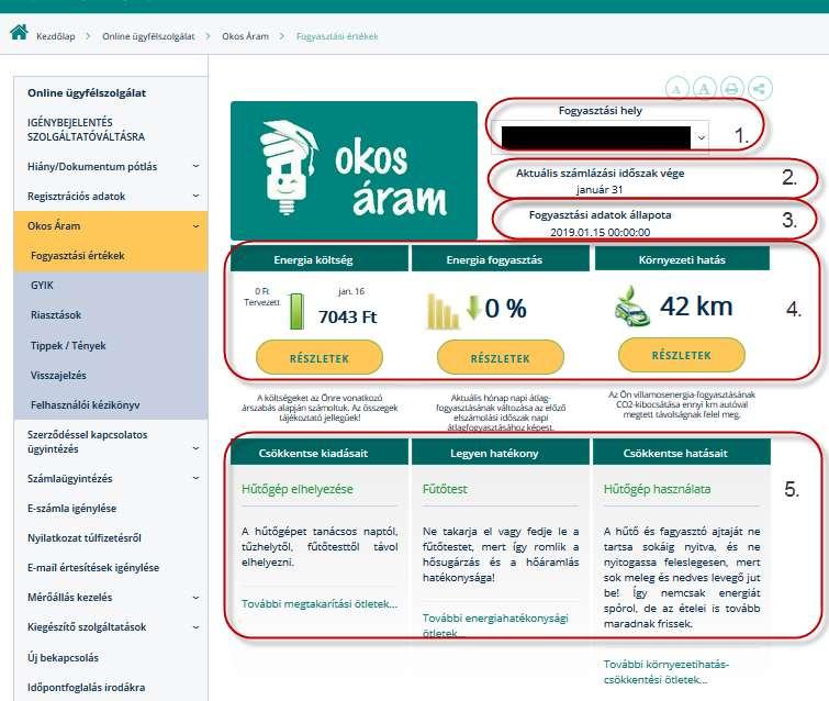 1. Fogyasztási hely listája: az Ön ügyfél azonosítójához tartozó fogyasztási helyek listáját tartalmazza.