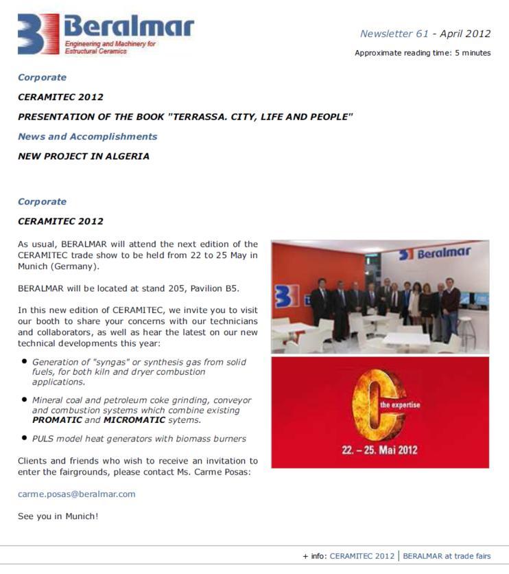 informed! Sign up to our monthly newsletter and receive emails with the latest technical news and developments at BERALMAR.