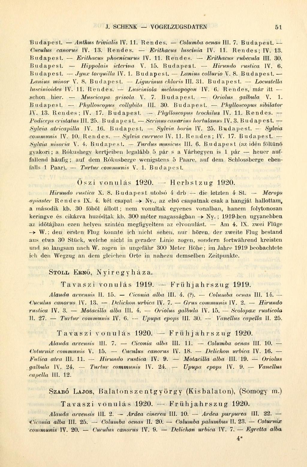 J. SCHENK VOGELZUGSDATEN 51 Budapest. Anthus triviális IV. 11. Rendes. Columba oenas III. 7. Budapest. Ouculus canorus IV. 13. Rendes. Erithacus luscinia IV. 11. Rendes; IV. 13. Budapest. Erithacus phoenicurus IV.