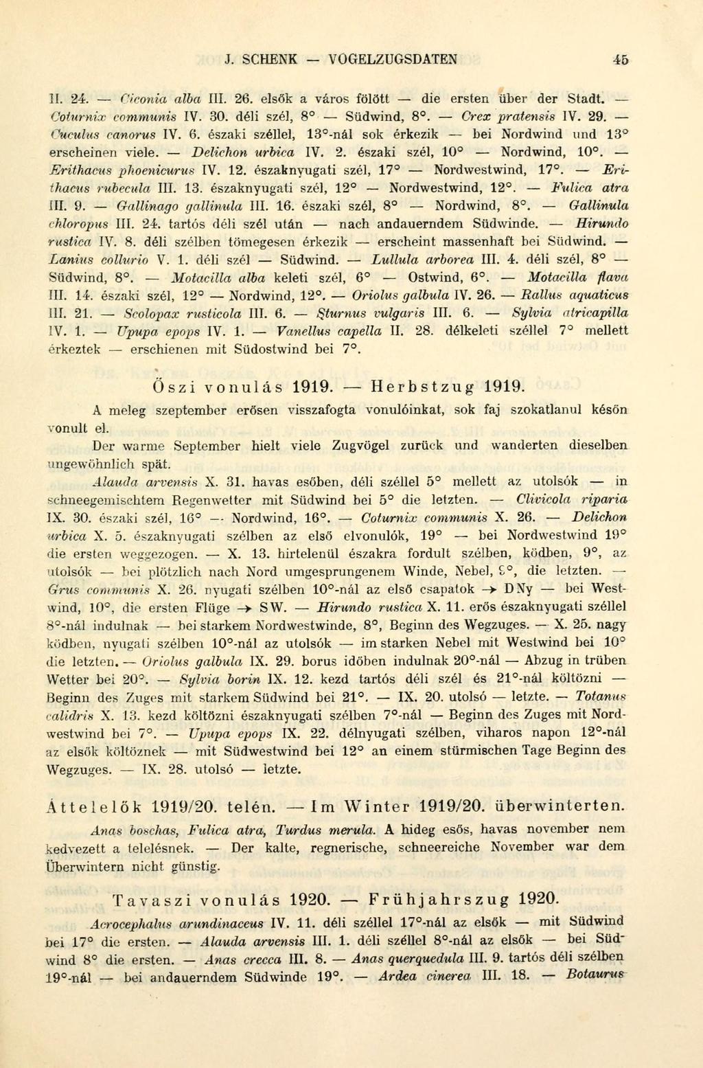 J. SCHENK VOGELZUGSDATEN 45 II. 24. Ciconia alba III. 26. elsők a város fölött die ersten über der Stadt. Coturnix communis IV. 30. déli szél, 8 Südwind, 8. Crex pratensis IV. 29. Cuculus canorus IV.