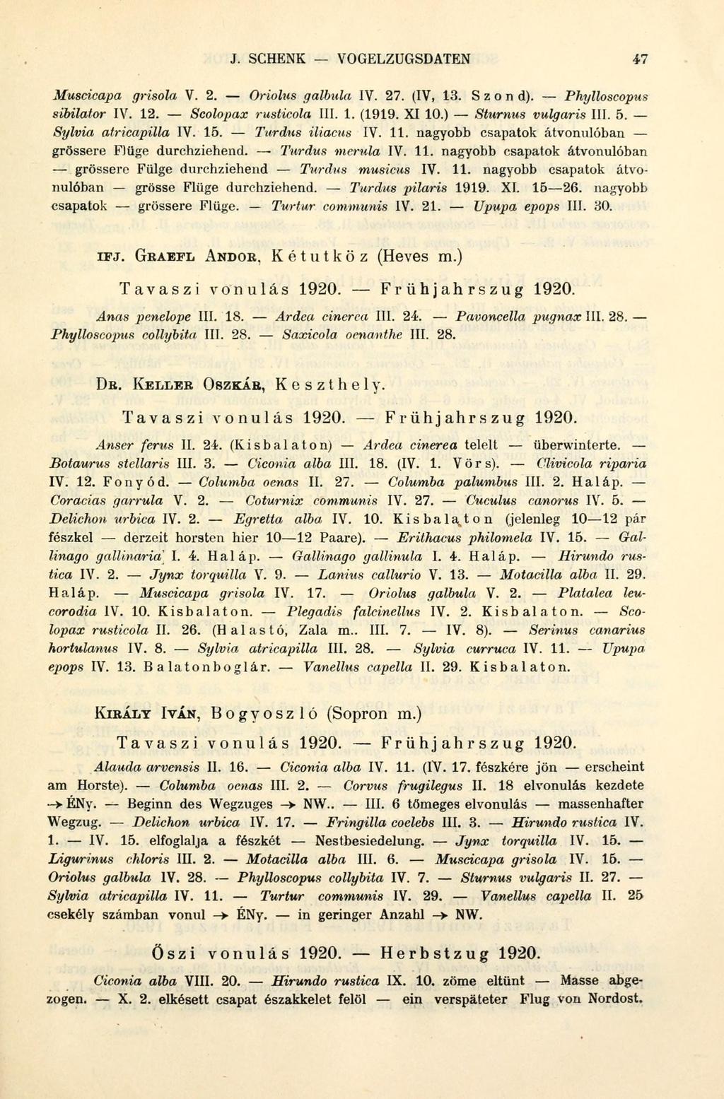 J. SCHENK VOGELZÜGSDATEN 47 Muscicapa grisola V. 2. Oriolus galbula IV. 27. (IV, 13. S z o n d). Phylloscopus sibilator IV. 12. Scolopax rusticola III. 1. (1919. XI 10.) Sturnus vulgaris III. 5.