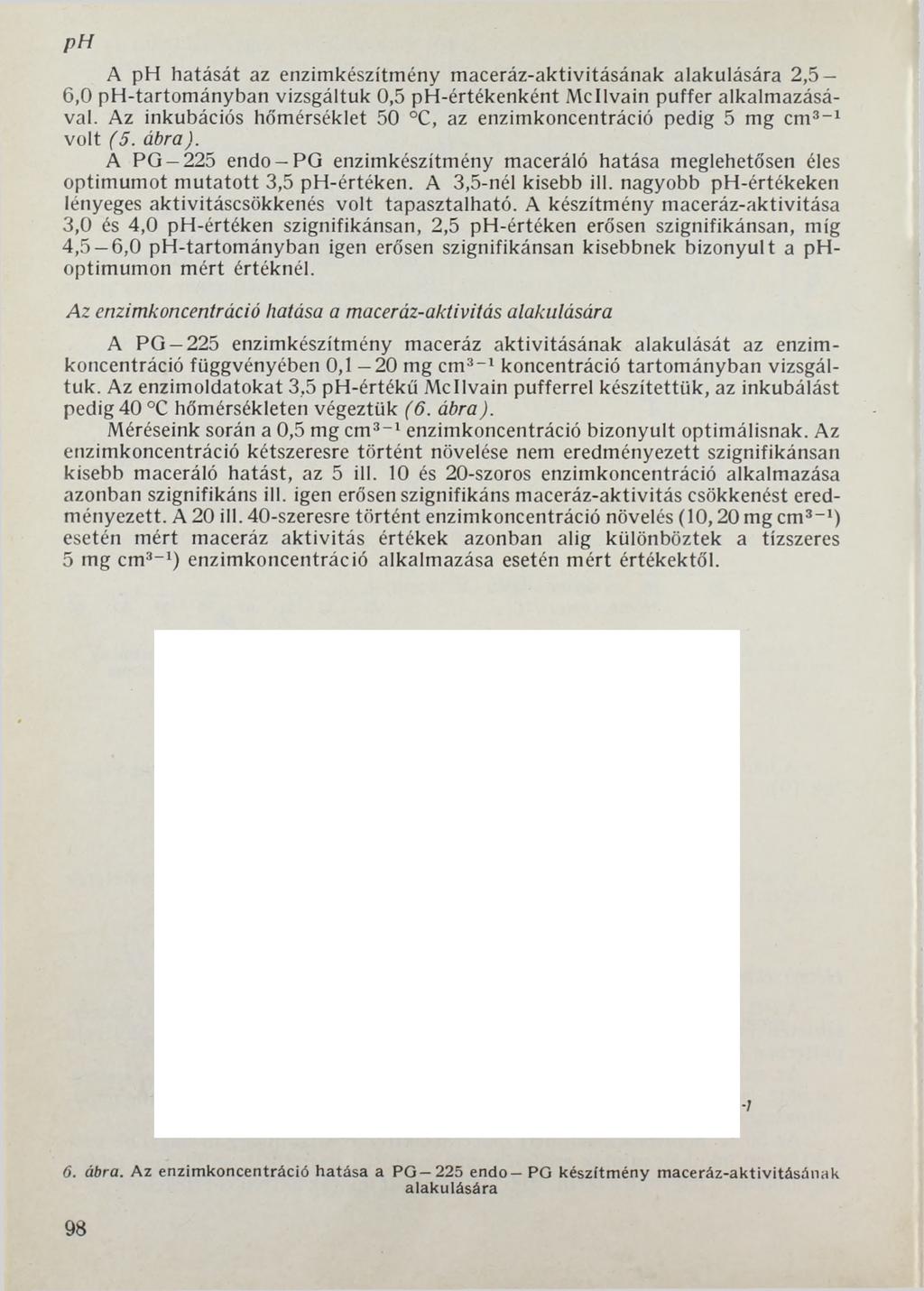 p H A ph hatását az enzimkészítmény maceráz-aktivitásának alakulására 2,5 6.0 ph-tartományban vizsgáltuk 0,5 ph-értékenként Mcllvain puffer alkalmazásával.