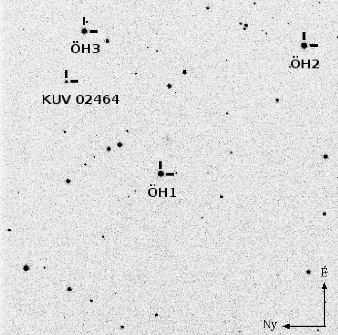 3.2. A FÉNYGÖRBE FOURIER-ANALÍZISE 43 3.2. ábra. A VÁLTOZÓ ÉS AZ ÖSSZEHASONLÍTÓ CSILLAGOK A CCD LÁTÓMEZŐJÉBEN. A KUV 02464+3239 neve rövidítve szerepel.
