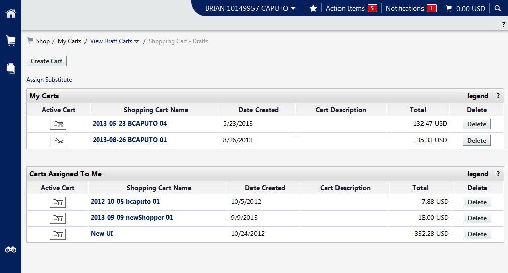 /3- ) Shop / My Carts / View Draft Carts v / Shopping Cart - Drafts Create Cart I BRIAN 10149957 CAPUTO * Action Items