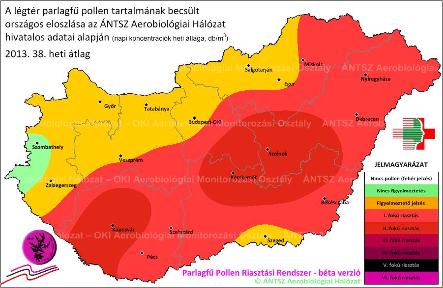 A parlagfű pollenkoncentráció országos napi átlagértékének alakulása a 38. héten: PARLAGFŰ - napi országos átlag koncentráció - 38.