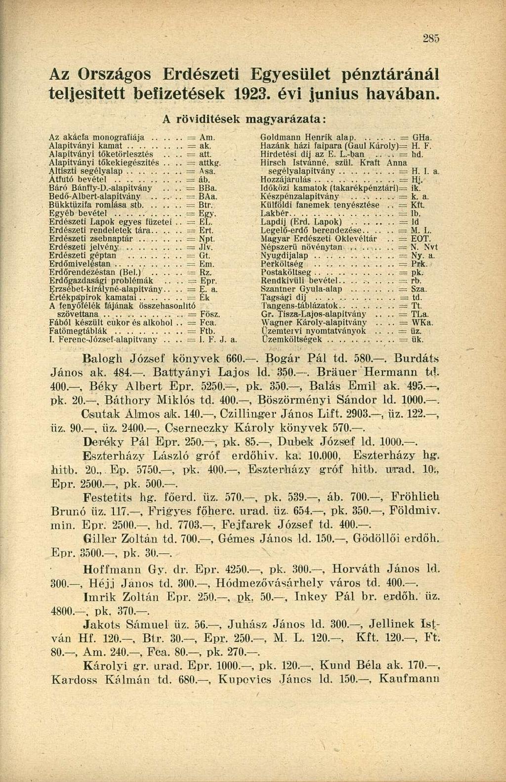 Az Országos Erdészeti Egyesület pénztáránál teljesített befizetések 1923. évi június havában. Az akácfa monográfiája = Am. Alapítványi kamat = ak. Alapítványi töketörlesztés.... = att.