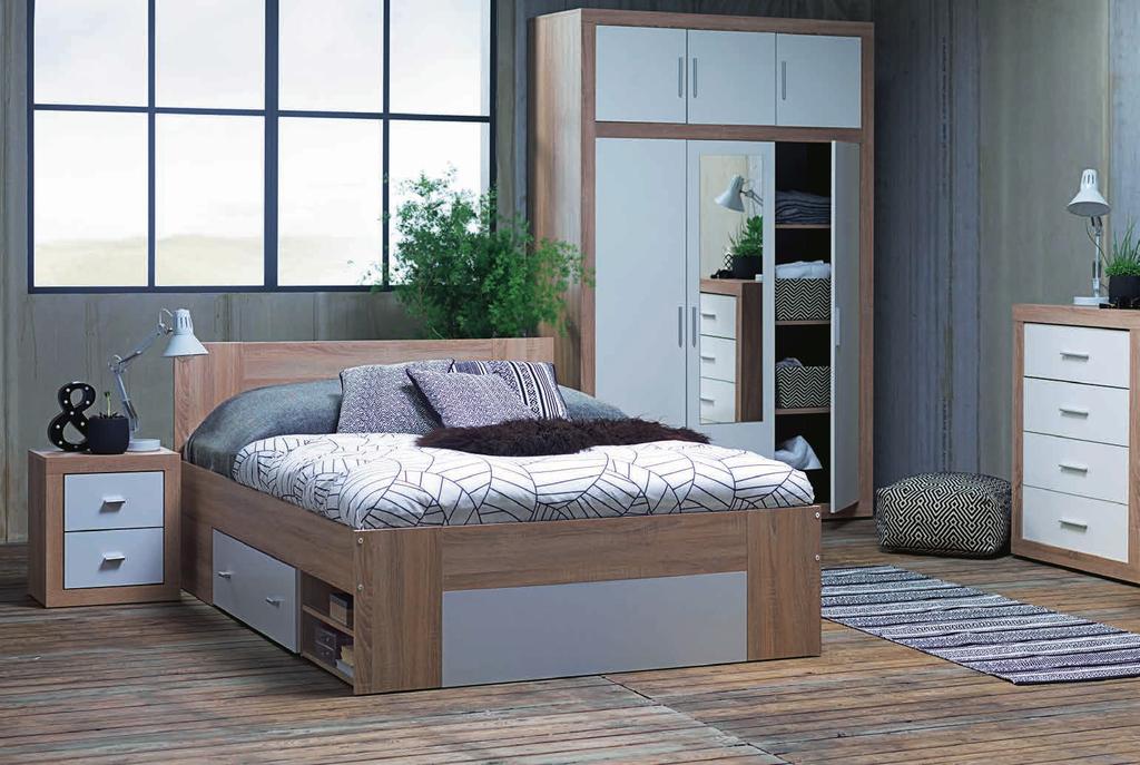 2 ágy alatti fiókkal. Keretes, rugós vagy habszivacs matraccal is használható. Ágyrács és matrac nélkül.