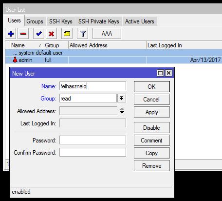 RouterOS felhasználók Alapértelmezett