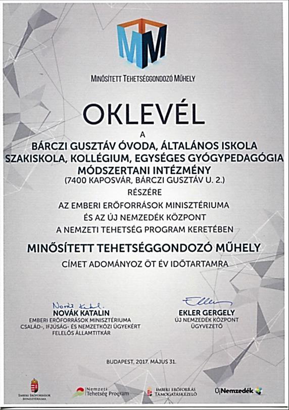 A pályázati eljárás három fordulója után 38 intézmény nyerte el a Minősített Tehetséggondozó Műhely címet, melyet 2017.