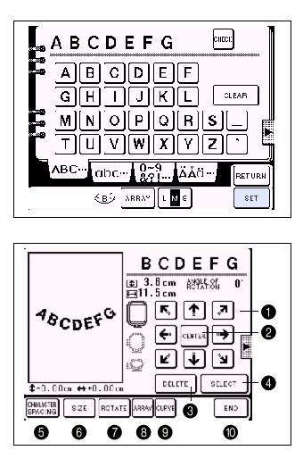 5. Válasszon betűt, majd nyomja meg a " SET" gombot. Kis idő múlva a betűk megjelennek e kijelzőn. A betűk a hímző terület közepére rendezve jelennek meg. 1.