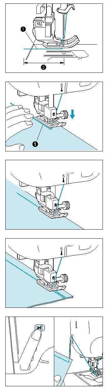 2. Húzza át a szálat a leszorító talp alatt, és húzza ki a gép hátsó oldala felé körülbelül 5 cm-re. 1. Felső cérna 2. 5 cm (1-15/16 ) 3.