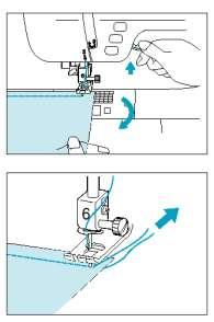 Sarkok varrása Tartsa a tűt az anyag sarkánál, majd emelje fel a leszorító talpat és fordítsa el az anyagot.