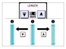 Karton A tűzés öltés hosszának megváltoztatása Nyomja meg a és a öltéshossz állító gombokat az öltéshossz beállításához. 1. Normál hossz: 0,4 mm (1/64 ) 2. : Hosszabb 3.