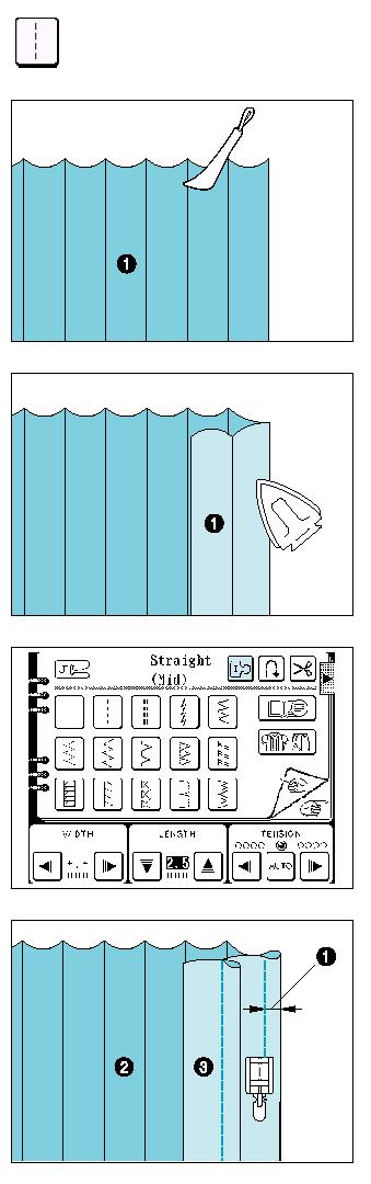SZEGŐZÉS Válassza ki a öltést, majd nyomja meg a gombot. 1. Az anyag hátoldalán jelölje meg a hajtásokat. 1. Hátoldal 2. Fordítsa meg az anyagot és vasalja meg csak a hajtott részeket. 1. Felület 3.