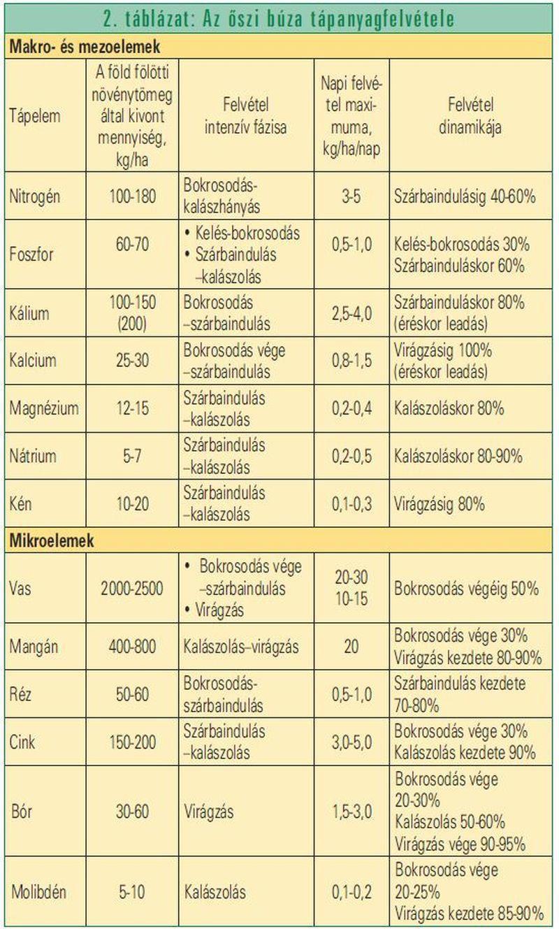 Az őszi búza tápanyagigénye A hiányos makroelem ellátás 10-60%-kal, a nem megfelel mezo- és mikroelem ellátás pedig 5-15%-kal, ill.