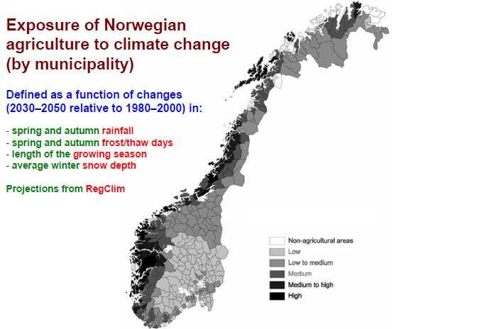 A norvég mezőgazdaság éghajlatváltozásnak való kitettsége (közigazgatási körzetenként) Tavaszi és őszi csapadék Tavaszi és őszi