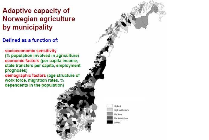A norvég mezőgazdaság alkalmazkodóképessége közigazgatásonként A meghatározáshoz figyelembe vették: - Társadalmi-gazdasági érzékenység (a lakosság hány százaléka foglalkoztatott a