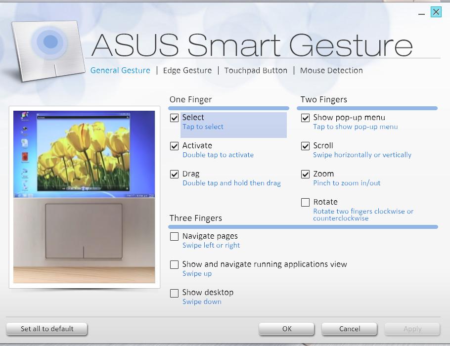 3. Az ASUS Smart Gesture ablakban jelölje be a Három ujj alatti elemek jelölőnégyzeteit. 4.