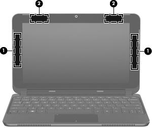 Vezeték nélküli antennák Elem Leírás (1) WWAN-antennák (2)* Rádiójeleket küldenek és fogadnak a nagy kiterjedésű vezeték nélküli (wireless wide-area network, WWAN) hálózatokon folytatott kommunikáció