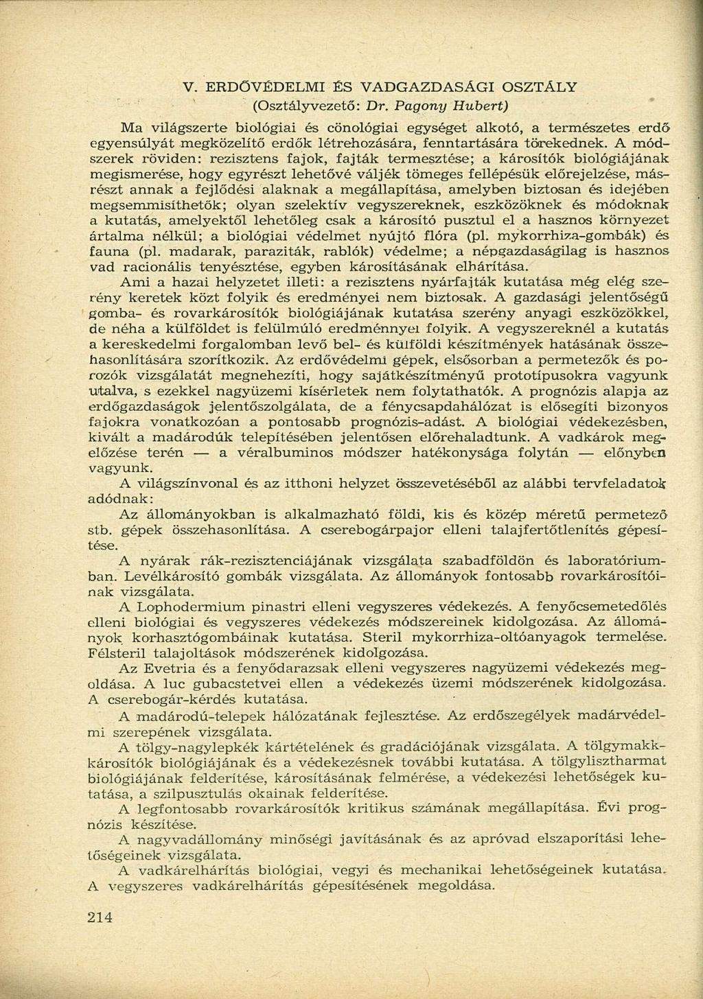 V. ERDŐVÉDELMI ÉS VADGAZDASÁGI OSZTÁLY (Osztályvezető: Dr.
