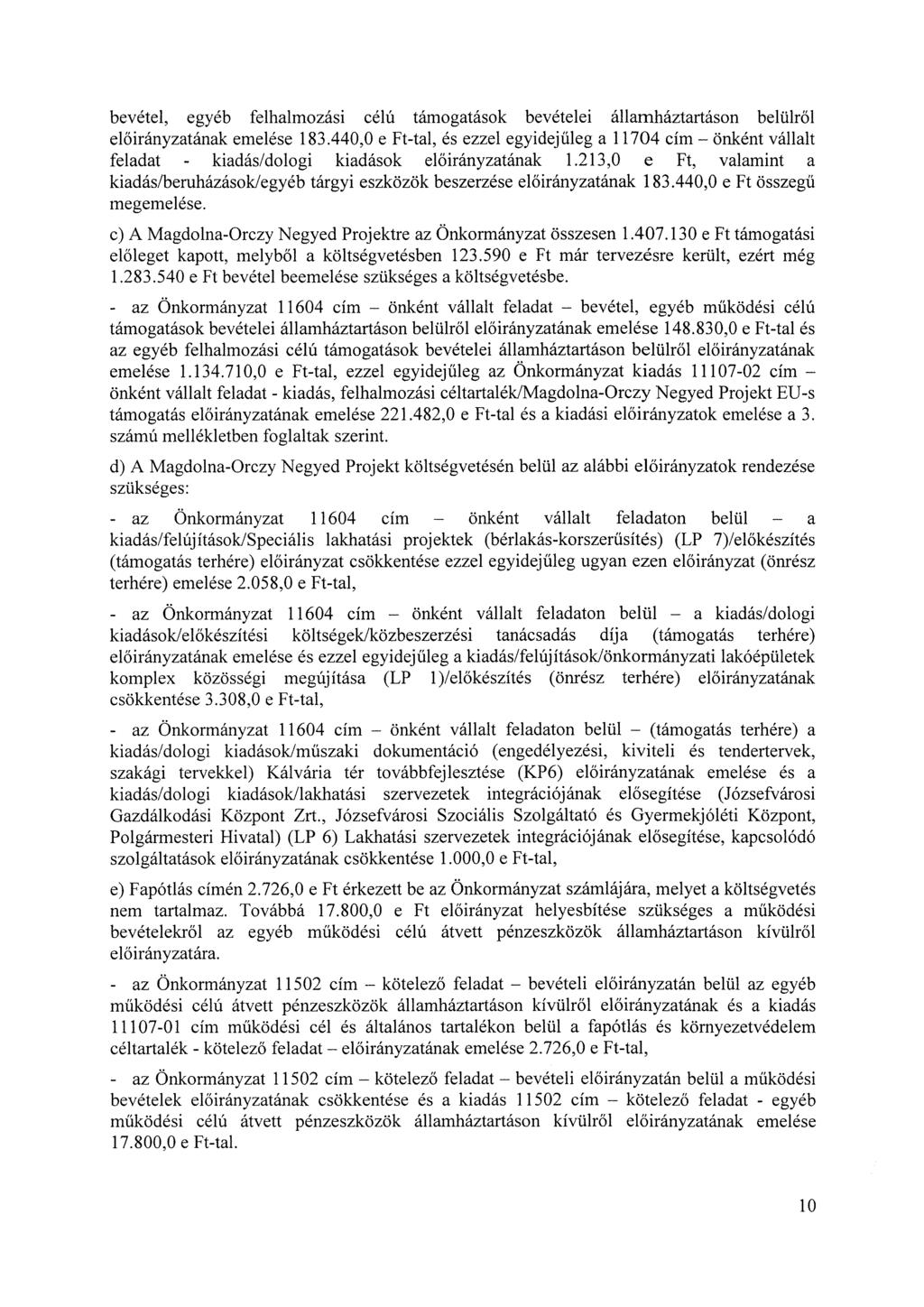 bevétel, egyéb felhalmozási célú támogatások bevételei államháztartáson belülről ának emelése 183.