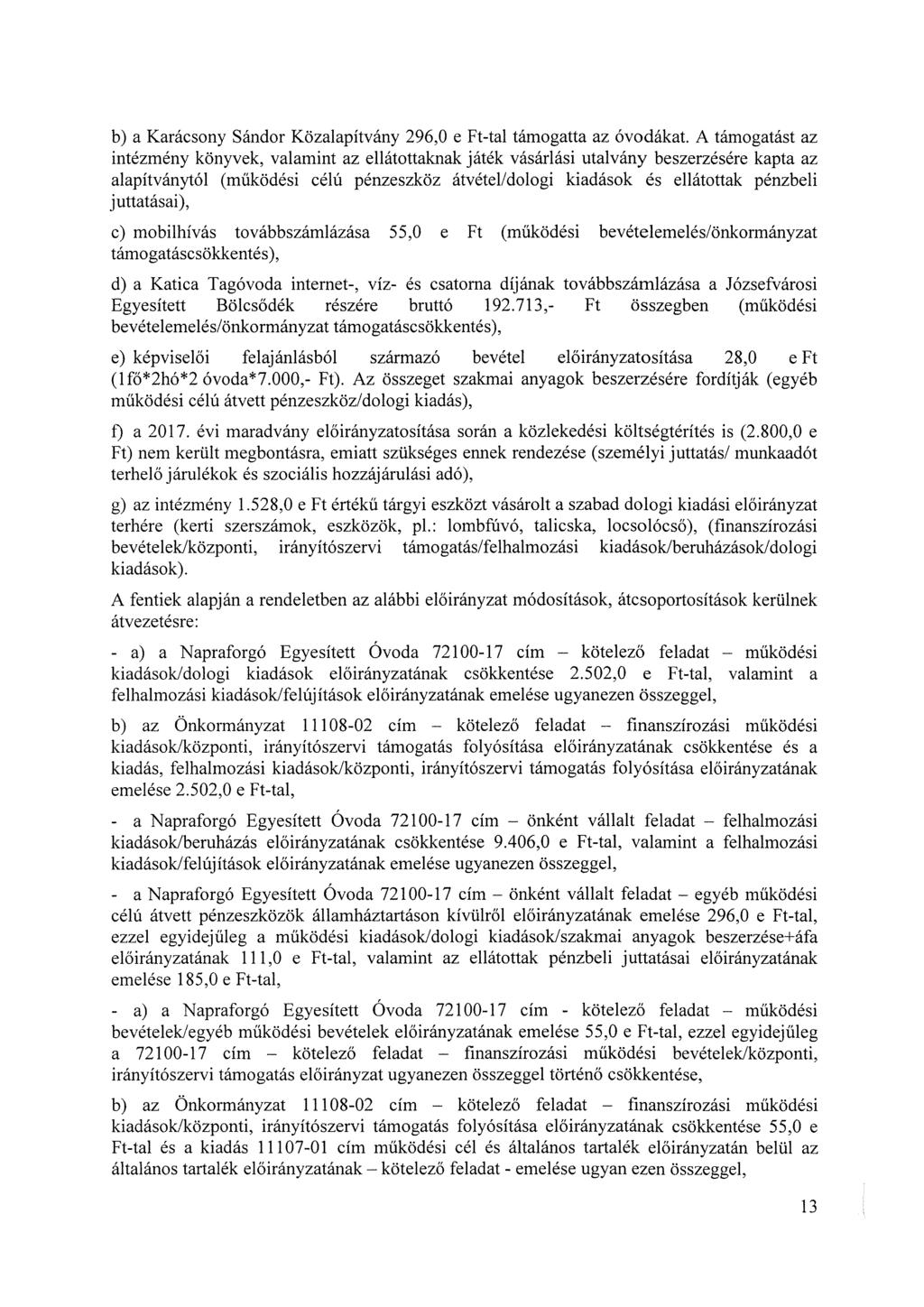 b) a Karácsony Sándor Közalapítvány 296,0 e Ft-tal támogatta az óvodákat.