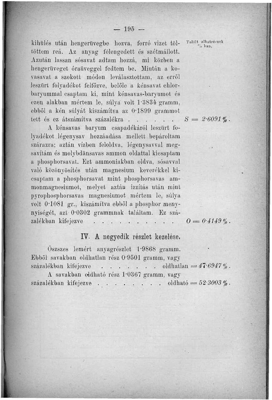 195 kihűlés után hengerüvegbe hozva, forró vizet töl- Tauit ahitiéími töttem reá. Az anyag fölengedett és szétmállott.