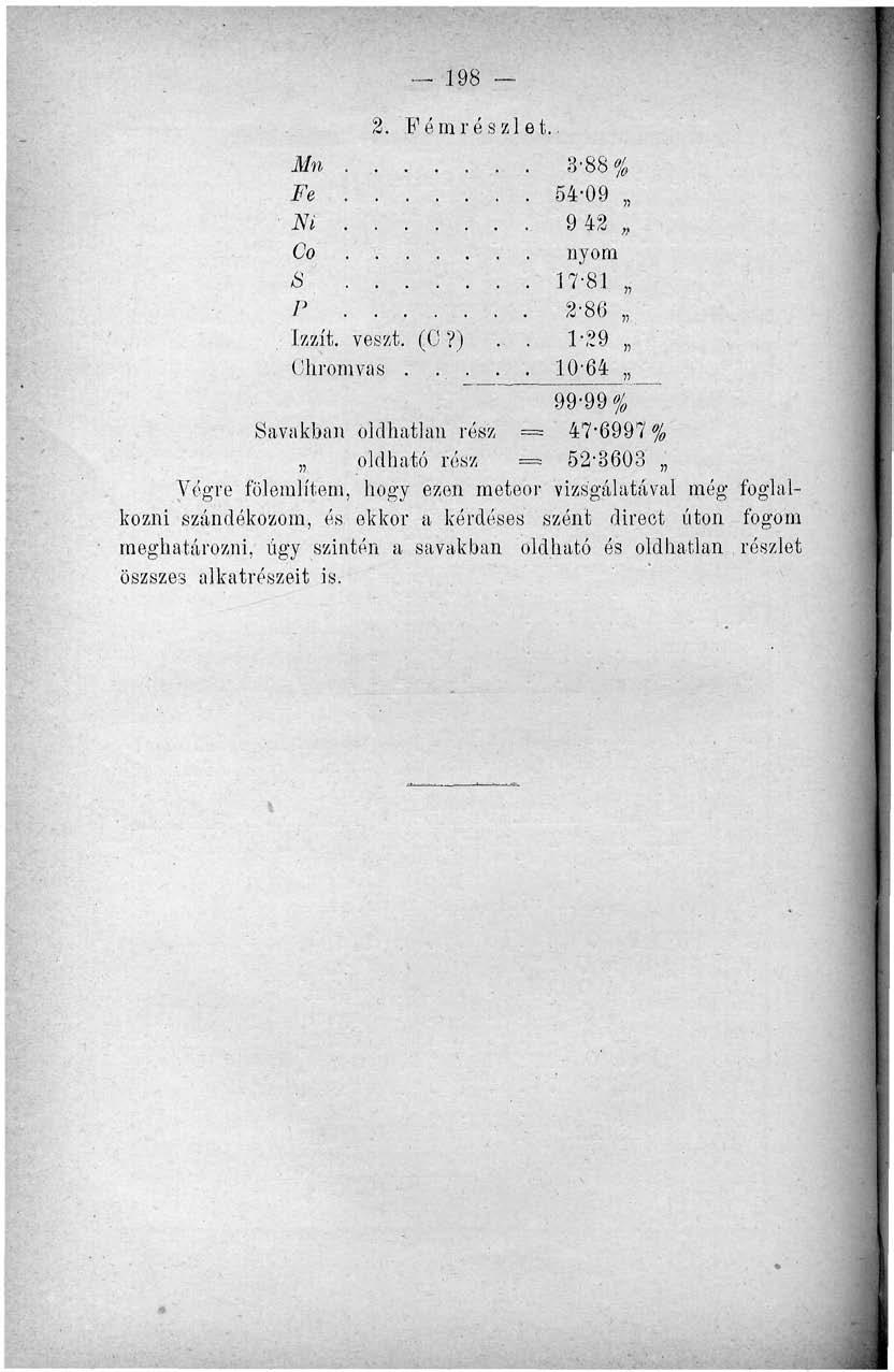 198-2. Fémrészlet. Mn......... 3-88 % Fe.. :.... 54-09 Ni....... 9 42 Co....... S. 17-81 P........ 2-86 Izzít, veszt. (C?).'.. 1-29 ühromvas.