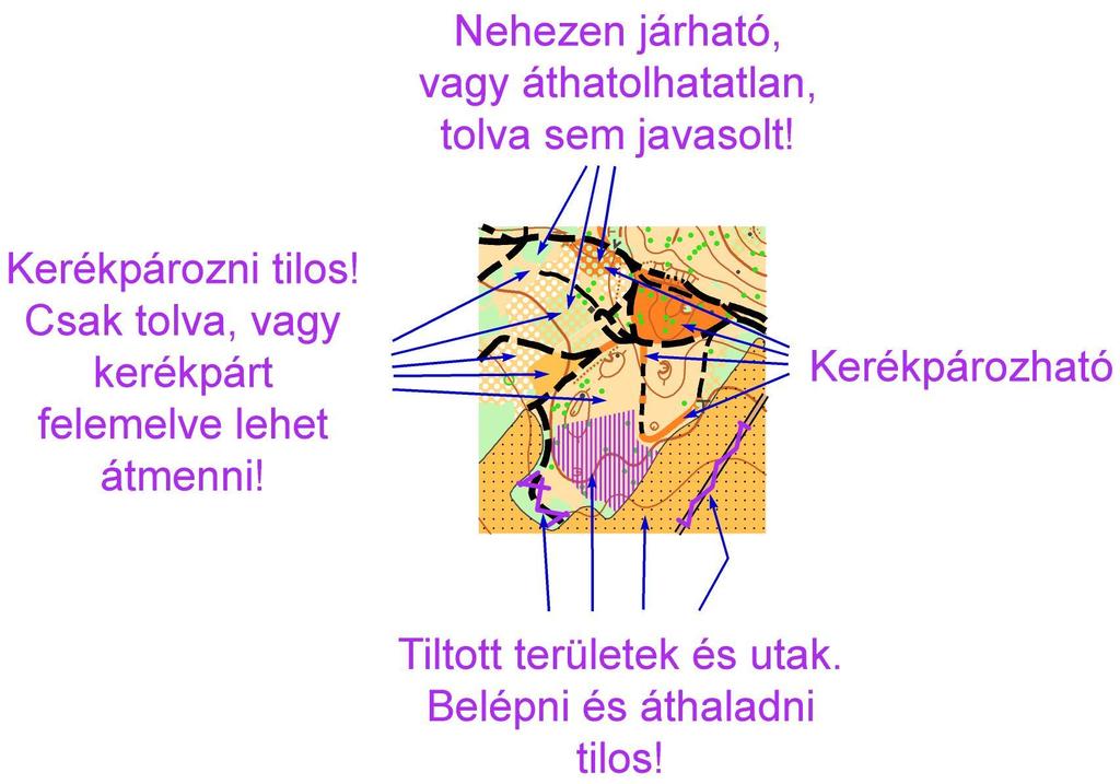 Veszélyforrások, tiltások, egyéb technikai információk és jelölésük a térképen: A hosszú pályák érintik a versenyterület ÉNy-i részét, ahol több méhkaptárt telepítettek az utak mellé, ezeket