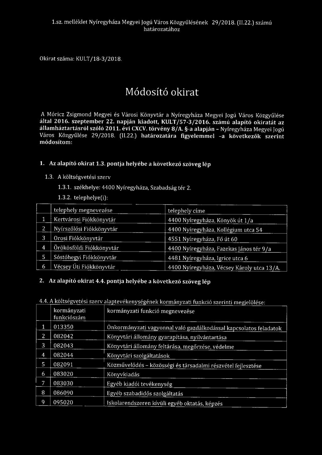 számú alapító okiratát az államháztartásról szóló 2011. évi CXCV. törvény 8/ A. -a alapján - Nyíregyháza Megyei Jogú Város Közgyűlés e 29 /2018. (11.22.