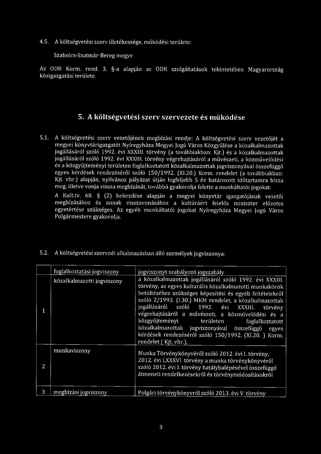 4.5. A költségvetési szerv illetékessége, működési területe: Szabolcs-Szatmár-Bereg megye Az ODR Korm. rend. 3. -a alapján az ODR szolgáltatások tekintetében Magyarország közigazgatási területe. 5.