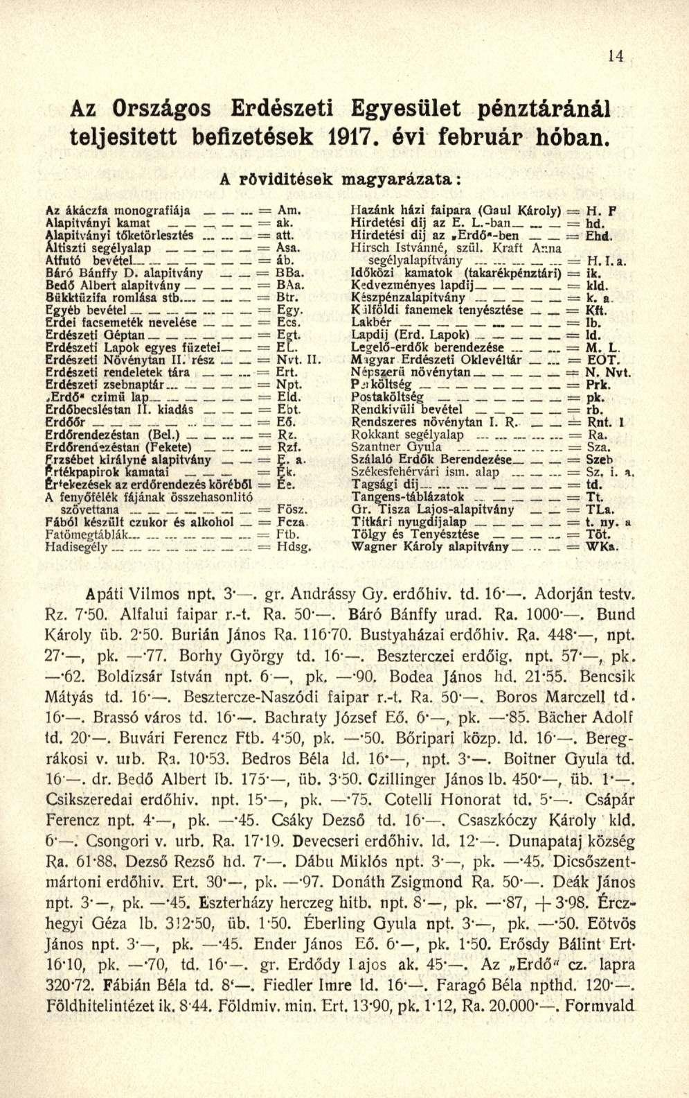 Az Országos Erdészeti Egyesület pénztáránál teljesített befizetések 1917. évi február hóban. A rövidítések magyarázata: Az ákáczfa monográfiája A ".. Hazánk házi faipara (Qaul Károly) 11.