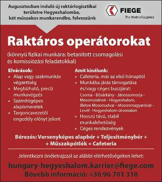 : 06 70 363 0052 Mosonmagyaróvári Galéria étterem önálló, irányításra képes vezetőszakácsot keres. Érd.: 06 70 363 0052 Kiserdei Sertéstelep Kónyba keres telepi dolgozót.