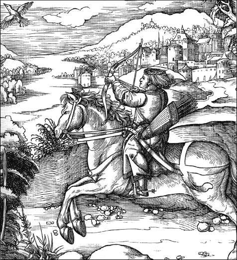 4. kép Ez a fajta tegez máshol is feltűnik a Weisskunigben egy, a III. Frigyes császárt kísérő magyar lovasíjász oldalán.