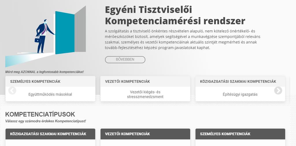 A kezdő oldalon található a 3 db kompetenciatípus kártyája: közigazgatási