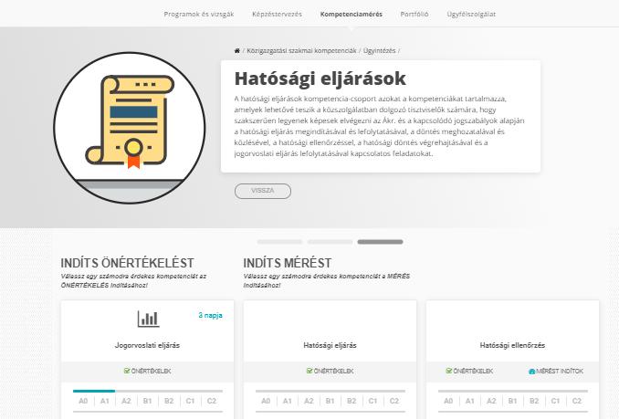 Ezt követően a tisztviselőnek a kompetenciacsoportok közül szükséges kiválasztania azt, amelyen belüli kompetencia esetében önértékelni/mérni szeretne.