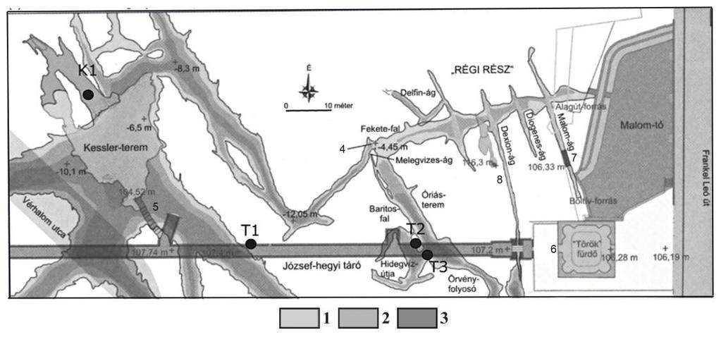 (1) (2) (3) (4) (7) (5) (8) (6) 2. ábra: Jelenlegi csepegővíz mintavételi helyek a Molnár János-barlangban (T1, T2, T3, K1) (Virág és Szabó in Mindszenty 2013 után módosítva) Legend: 1.
