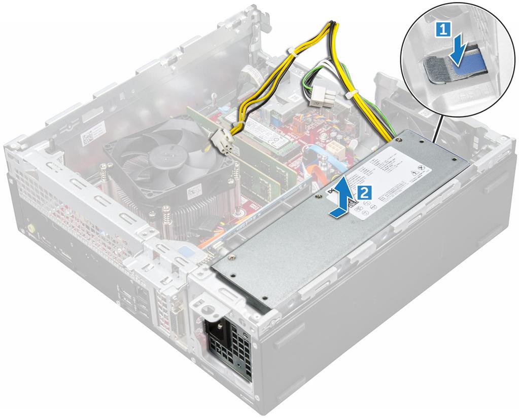 A tápegység (PSU) beszerelése 1 A PSU-t helyezze a számítógépházba és a rögzítéséhez csúsztassa a számítógép hátulja felé. 2 Húzza meg a csavarokat, amelyek a PSU-t a számítógép hátuljához rögzítik.