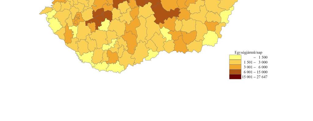 4. ábra Évi átlagos napi forgalom (ÁNF), 2012 A 2004., a 2008. és 2012. évi forgalmi adatokat (4. ábra) különböző potenciálmodellekkel vetettem össze.