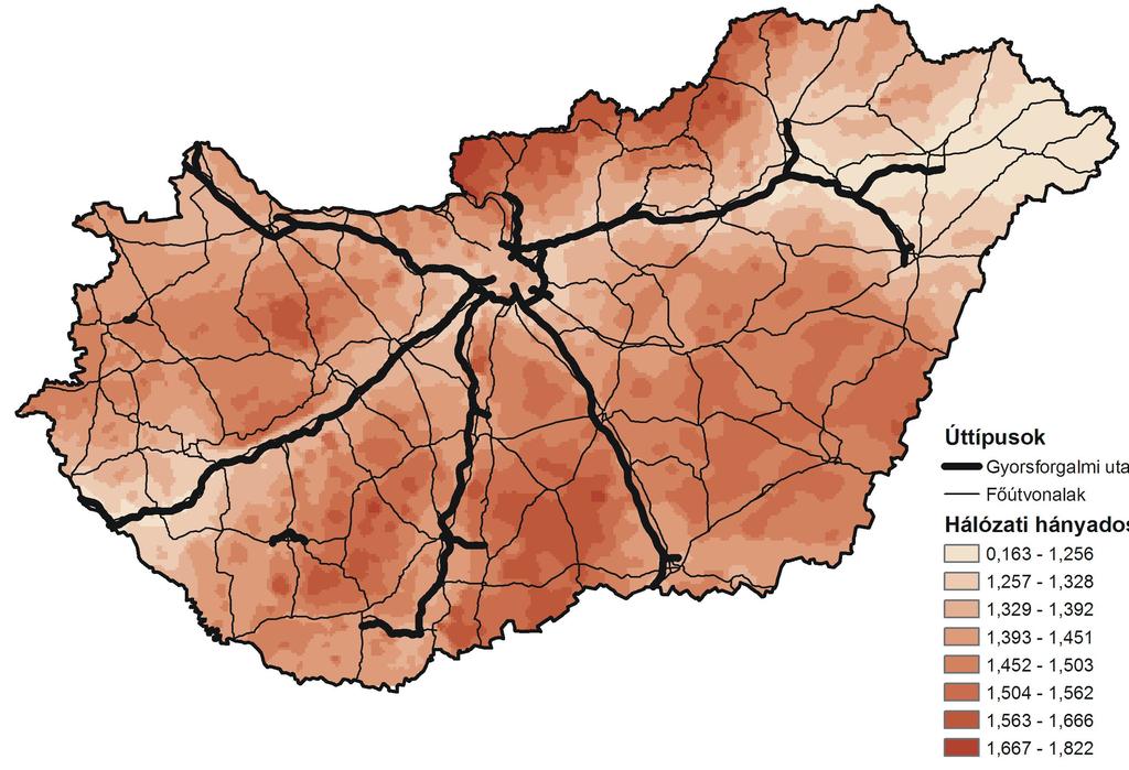 ábra Közúti hálózati hányados a valós elérhetőségi idők használatával, 2010 Forrás: Bauconsult Kft.