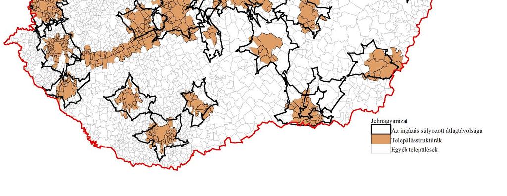 24. ábra A 2014-es lehatárolás eredménye, valamint a kibocsátó és céltelepülések súlyozott átlagtávolsága Az egyes településekbe tartó beingázás vizsgálható aszerint is, hogy a céltelepülésektől a