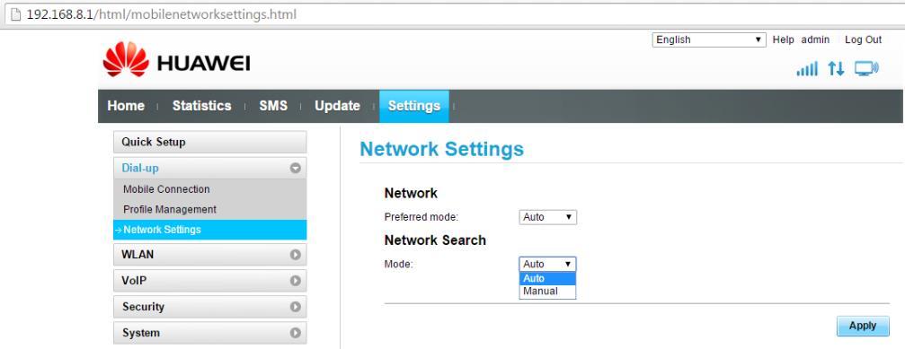 7. Hálózati preferencia / hálózat típusának választása Settings / Dial-up / Network Settings / Network / Prefered mode 8.