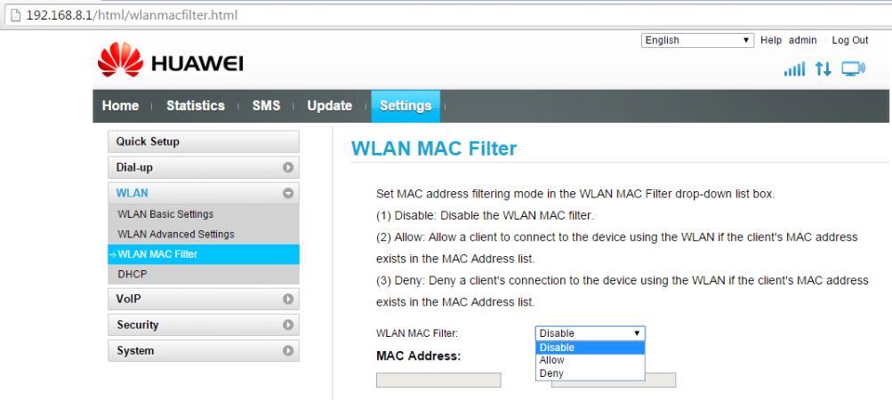Settings / WLAN / WLAN MAC Filter Allow majd készülékeink MAC címének megadása 10.