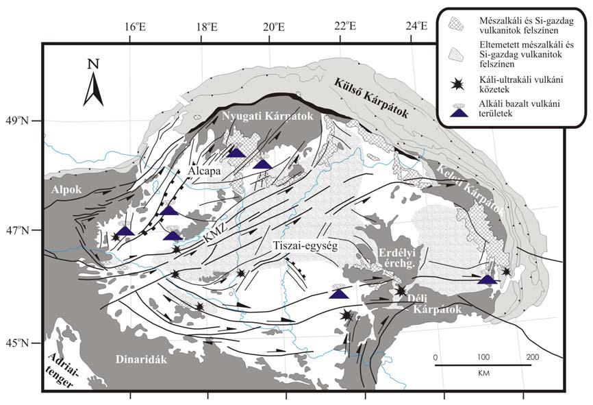 2.1. ábra - Neogén-kvarter vulkáni kőzetek elterjedése a Kárpát-Pannon