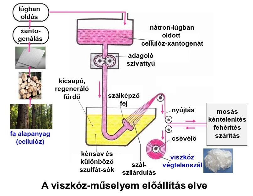 9. ábra A viszkóz műselyem előállítási folyamata Az 1940-es évektől sorra megjelentek a szintetikusszálak.