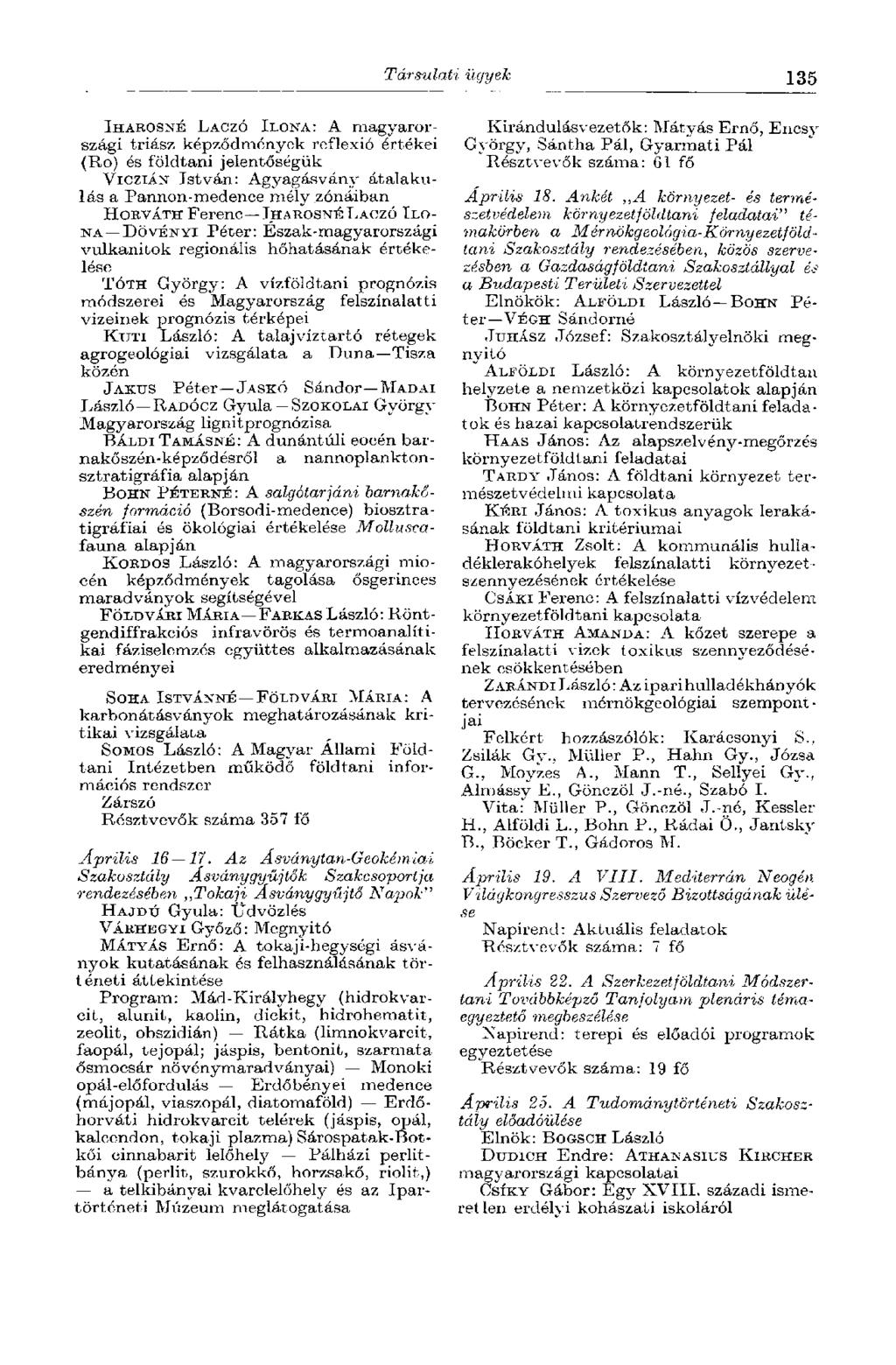 Társulati ügyek 135 IHAROSNÉ LACZÓ ILONA: A magyarországi triász képződmények reflexió értékei (Ro) és földtani jelentőségük VIOZIÁN István: Agyagásvány átalakulás a Pannon-medence mély zónáiban