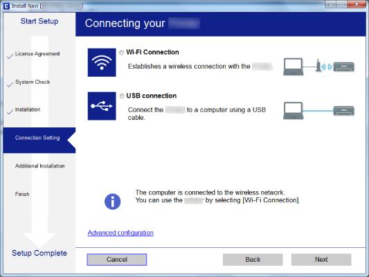 Hálózati beállítások Windows Válassza ki a csatlakozás típusát, majd kattintson a Tovább elemre. Mac OS X Válassza ki a csatlakozási módszert. Kövesse a képernyőn megjelenő utasításokat.